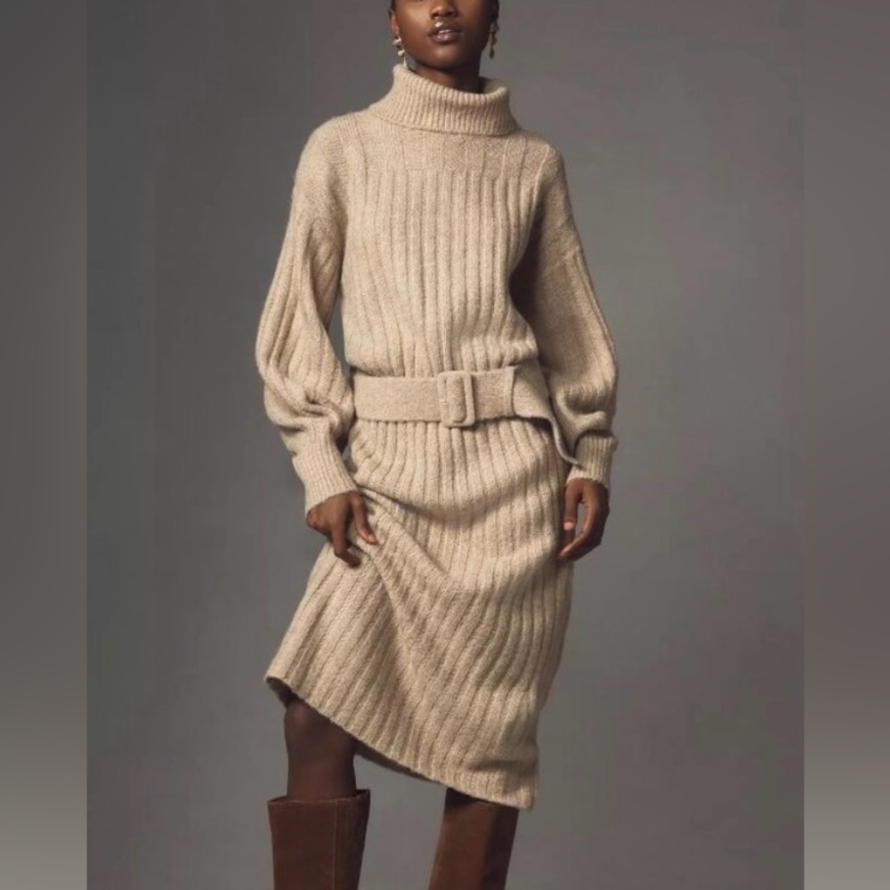 Anthropologie Long-Sleeve Turtleneck Belted Midi Jumper Wool Sweater Dress